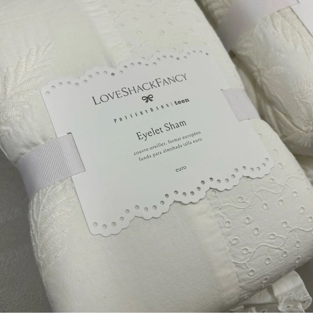 2 LoveShackFancy x Pottery Barn Eyelet Euro Sham Pillow Covers in Ivory NWT